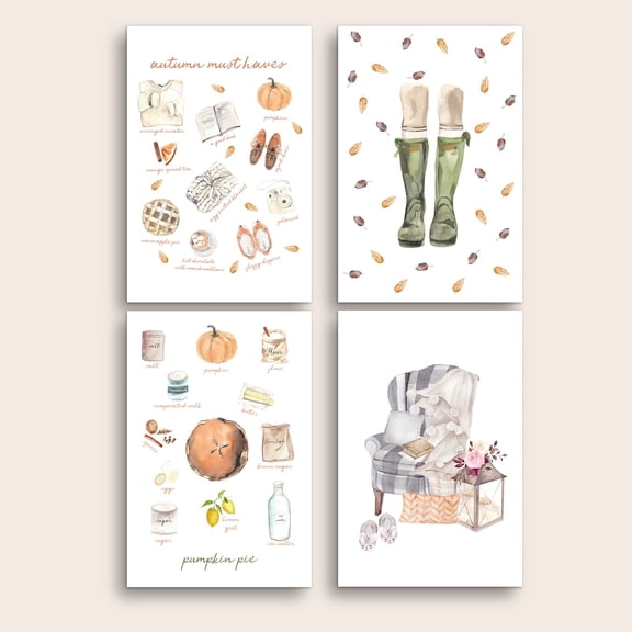 UNFFRAMED Luvia Autumn Must Haves Postcard Set of 4, Fall Art Postcards Set 4 Prints 20x30