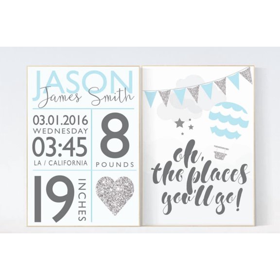 UNFFRAMED Luvia Birth Stats Poster Set of 2 Hot Air Balloon Wall Art Blue And Silver Nursery Birth Announcement Baby Room Decoration Set 2 Prints 8x12