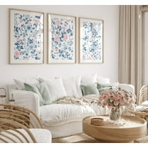 UNFFRAMED Luvia Blue and Pink Chinoiserie Grandmillennial Floral Print Set of 3, Wildflower Wall Art Set 3 Prints 8x12