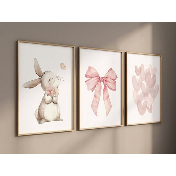UNFFRAMED Luvia Blush Bunny Nursery Wall Art Set of 3, Pink Bow and Heart Prints, Baby Girl Room Decor Set 3 Prints 16x24