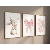 UNFFRAMED Luvia Blush Bunny Nursery Wall Art Set of 3, Pink Bow and Heart Prints, Baby Girl Room Decor Set 3 Prints 8x12
