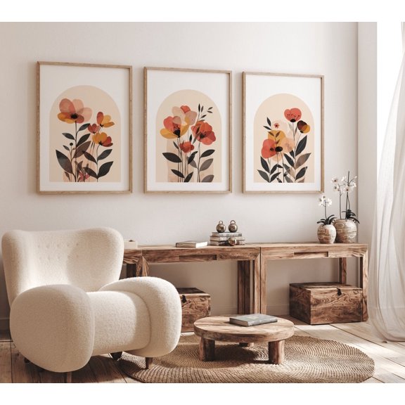 UNFFRAMED Luvia Boho Abstract Flowers Set of 3, Minimalist Fall Decor Set 3 Prints 16x24