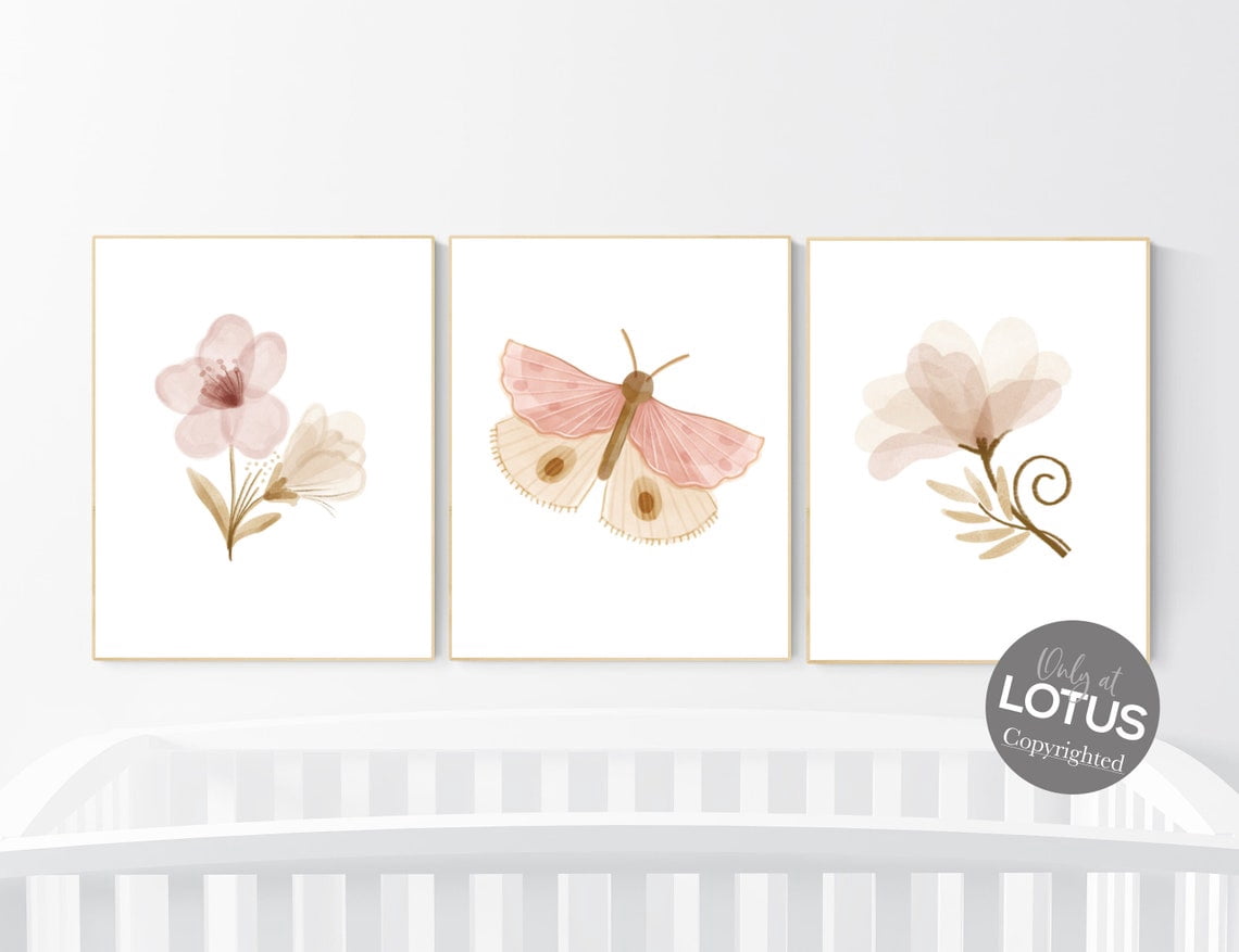 UNFFRAMED Luvia Boho Butterfly Nursery Wall Art Set of 3, Blush Pink ...