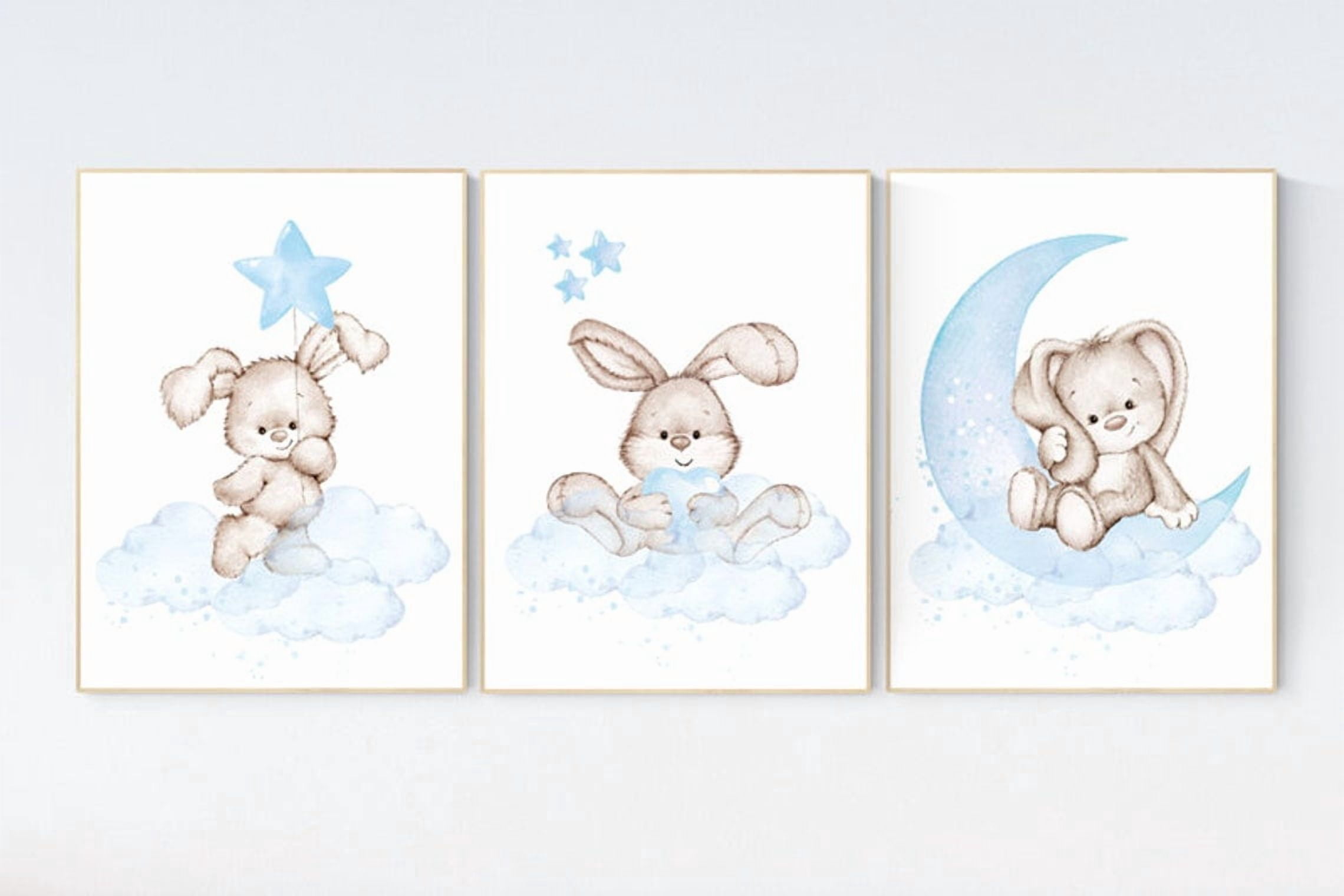 UNFFRAMED Luvia Bunny Nursery Wall Art Set of 3, Blue Rabbit Prints ...