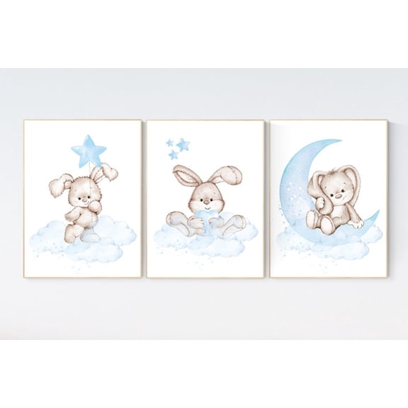 UNFFRAMED Luvia Bunny Nursery Wall Art Set of 3, Blue Rabbit Prints, Neutral Baby Boy Room Decor Set 3 Prints 8x12