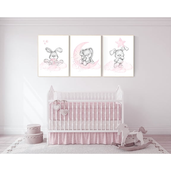 UNFFRAMED Luvia Bunny Nursery Wall Art Set of 3, Pink Gray Rabbit Prints, Baby Girl Room Decor Set 3 Prints 8x12