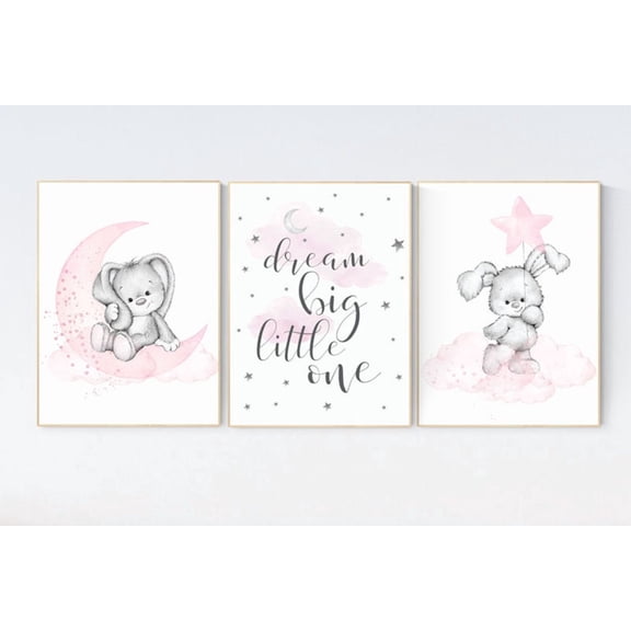UNFFRAMED Luvia Bunny Nursery Wall Art Set of 3, Pink Gray Rabbit Prints, Baby Girl Room Decor Set 3 Prints 8x12