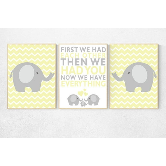 UNFFRAMED Luvia Elephant Poster Set of 3 Yellow Pale Gender Neutral Baby Room Decor First We Had Each Other Quote Set 3 Prints 12x18