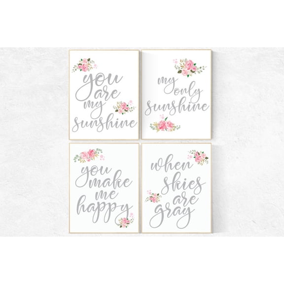 UNFFRAMED Luvia Elephant Poster Set of 4 Pink Floral Baby Girl Nursery Decor You Are My Sunshine Roses Flower Theme Set 4 Prints 8x12