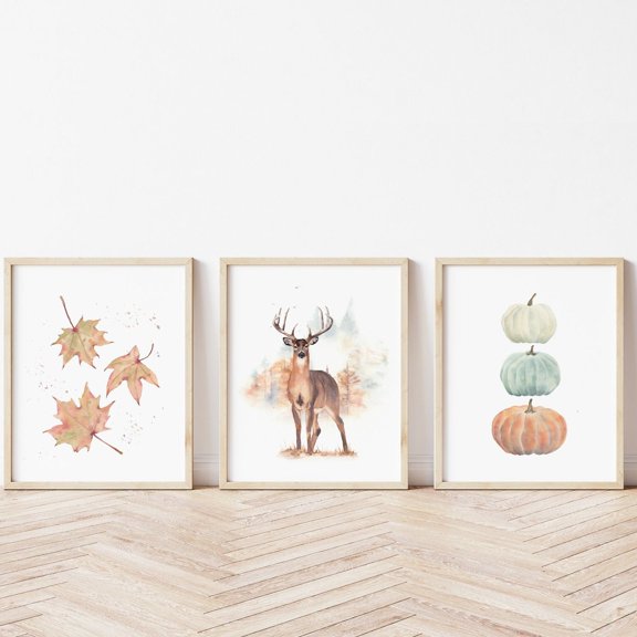 UNFFRAMED Luvia Fall Pumpkin Print Set of 3, Autumn Leaves and Deer Set 3 Prints 8x12