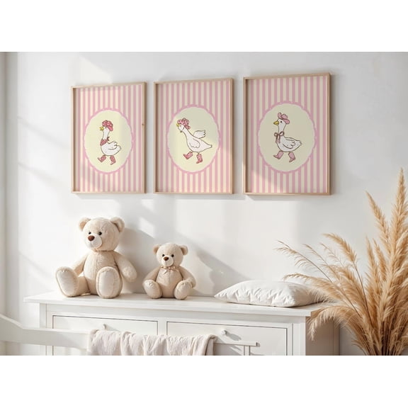 UNFFRAMED Luvia Goose Nursery Art Set of 3, Duck Girl Nursery Decor, Coquette Goose, Pink Bow Wall Art Set 3 Prints 20x30