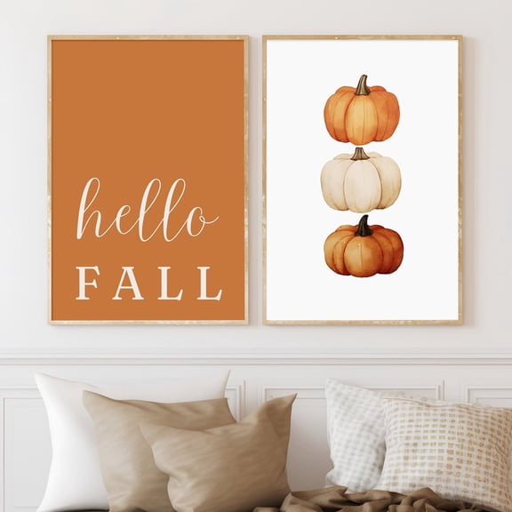 UNFFRAMED Luvia Hello Fall Pumpkin Wall Art Set of 2 Modern Autumn Quote and Seasonal Prints Set 2 Prints 16x24
