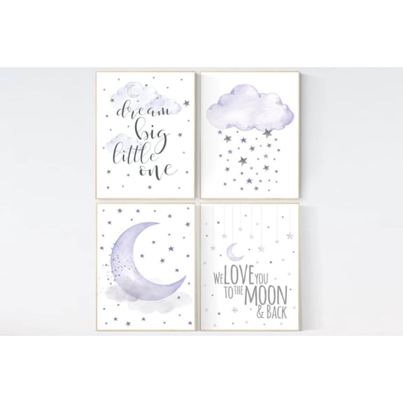 UNFFRAMED Luvia Lavender Moon and Stars Nursery Poster Set of 4, Purple Dream Big Little One Prints for Baby Girl Room Decor Set 4 Prints 12x18