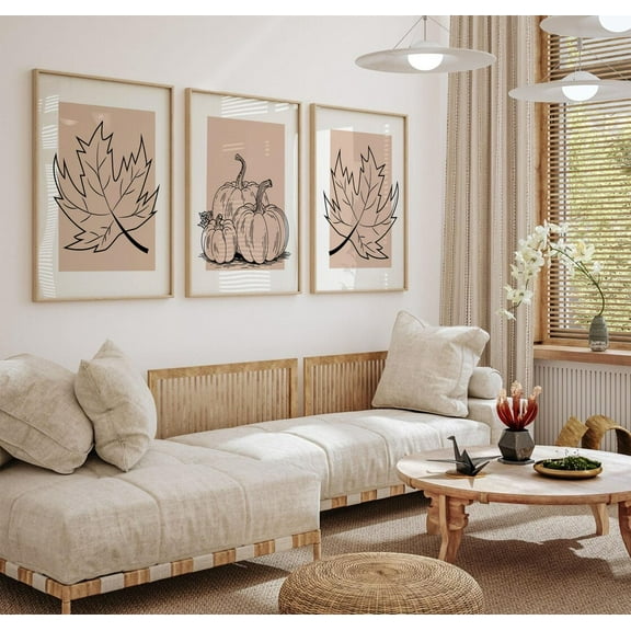 UNFFRAMED Luvia Minimalist Autumn Wall Art Set of 3 Warm Pumpkin and Fall Leaf Prints Set 3 Prints 8x12