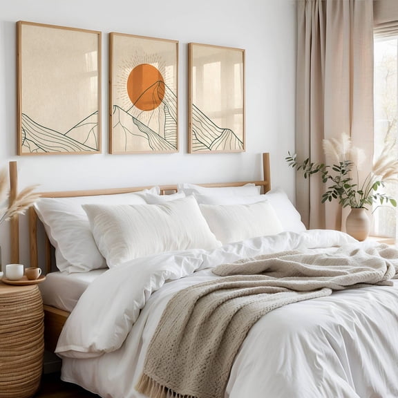 UNFFRAMED Luvia Minimalist Mountain Poster Set of 3 Japandi Landscape Triptych Neutral Peaks with Burnt Orange Sun Wall Decor Set 3 Prints 20x30