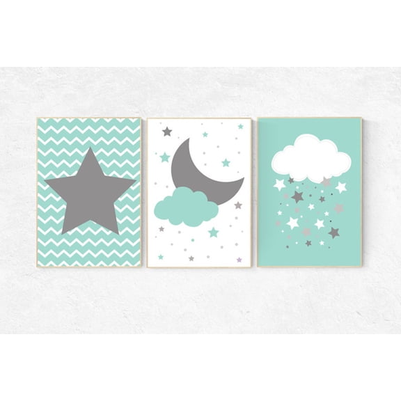 UNFFRAMED Luvia Mint Nursery Poster Set of 3 Cloud And Star Baby Room Mint Green Themed Wall Art Set 3 Prints 16x24