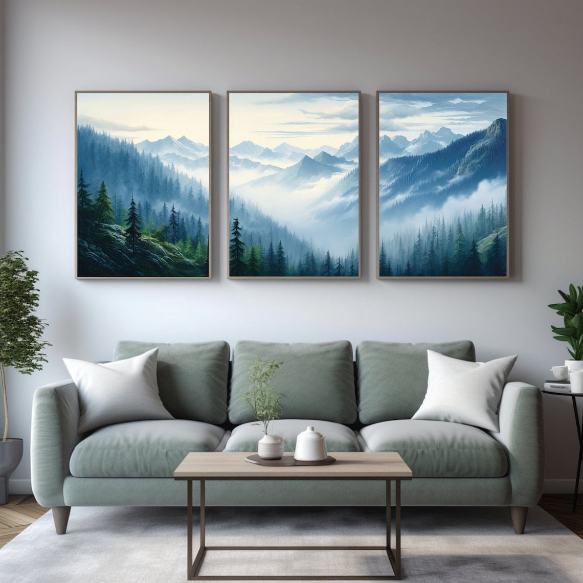 UNFFRAMED Luvia Misty Blue Mountain Triptych Poster Set of 3 Emerald ...