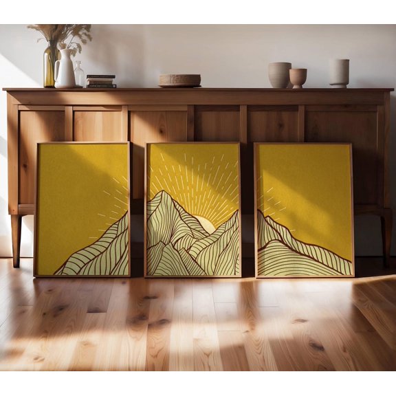 UNFFRAMED Luvia Mountain Poster Set of 3 Japandi Style Landscape Triptych Minimalist Rising Sun Nature Inspired Wall Art Set 3 Prints 12x18