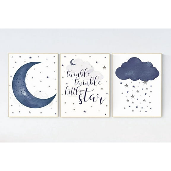 UNFFRAMED Luvia Navy Blue Nursery Wall Art Set of 3, Cloud Moon Stars Prints, Baby Boy Room Decor Set 3 Prints 8x12