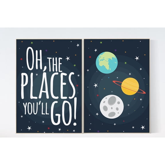 UNFFRAMED Luvia Outer Space Nursery Poster Set of 2 With Quote Oh The Places You’ll Go Baby Boy Room Playroom Wall Art Decoration Set 2 Prints 8x12