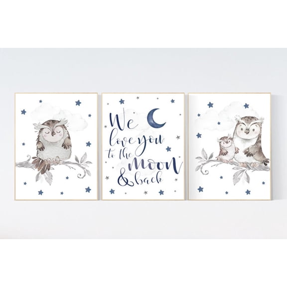 UNFFRAMED Luvia Owl Moon and Stars Nursery Poster Set of 3, Navy Blue Baby Boy Room Decor, We Love You to the Moon and Back Inspirational Prints Set 3 Prints 8x12