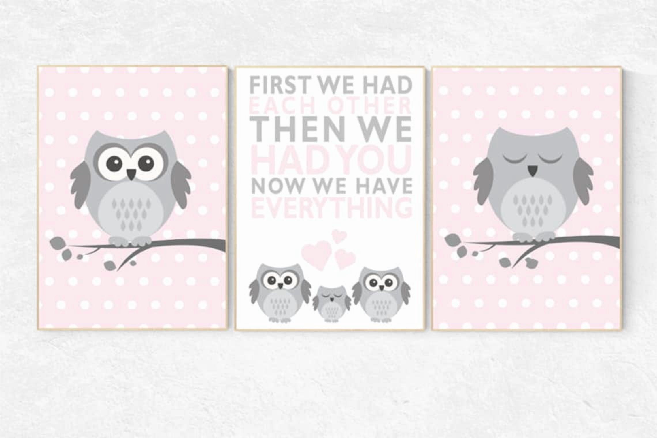 UNFFRAMED Luvia Pink And Gray Nursery Poster Set of 3 Owl Wall Art With ...
