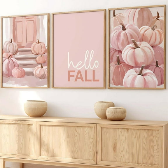 UNFFRAMED Luvia Pink Pumpkin Wall Art Set of 3 Trendy Autumn Seasonal Posters for Apartment Décor Wall Decor Set 3 Prints 8x12