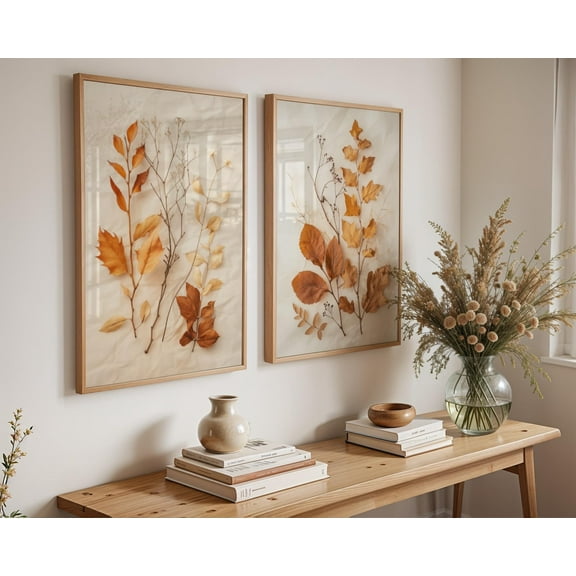 UNFFRAMED Luvia Pressed Leaf Wall Art Set of 2, Minimal Botanical Autumn Prints for Rustic Neutral Kitchen Decor Set 2 Prints 8x12