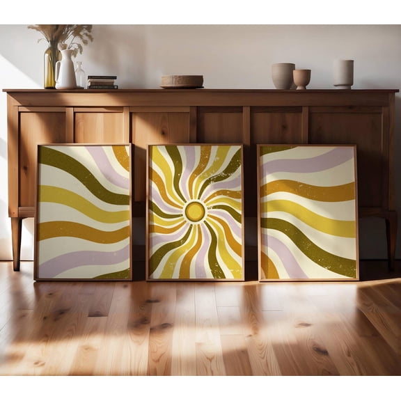 UNFFRAMED Luvia Retro Sun Poster Set of 3 70s Inspired Sunshine Sunburst Abstract Prints Mid Century Gallery Wall Decoration Set 3 Prints 20x30