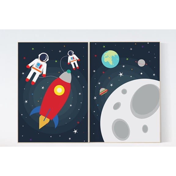 UNFFRAMED Luvia Rocket Ship Poster Set of 2 Outer Space Nursery Wall Art Boys Room Playroom Space Themed Decoration Set 2 Prints 16x24