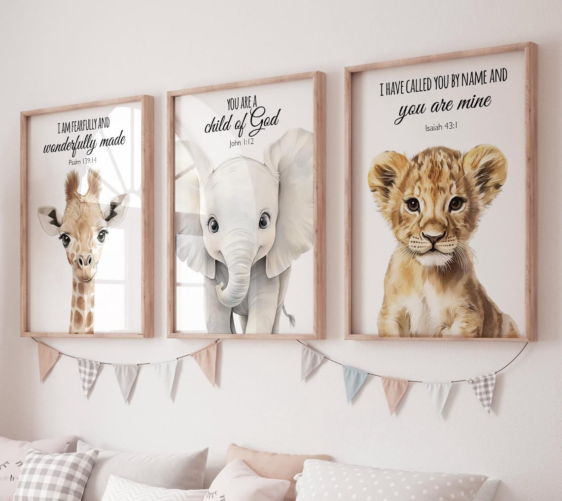 UNFFRAMED Luvia Safari Nursery Wall Art Set of 3, Giraffe Elephant Lion ...