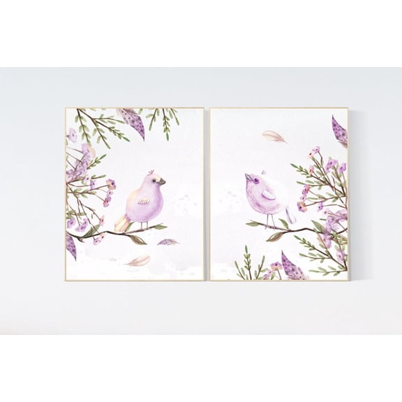 UNFFRAMED Luvia Set of 2 Bird Nursery Poster, Purple Floral Baby Room Decor, Lilac and Lavender Theme, Flower Nursery Prints for Girls Set 2 Prints 20x30