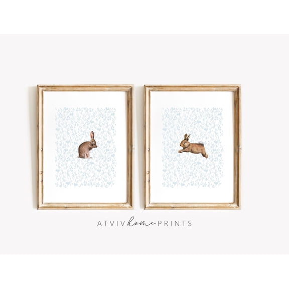 UNFFRAMED Luvia Set of 2 Bunny Nursery Print Set, Bunny Nursery Art, Cute Bunnies, Woodland Nursery Boy, Boys Room Wall Art, Bunny Wall Decor Set 2 Prints 8x12