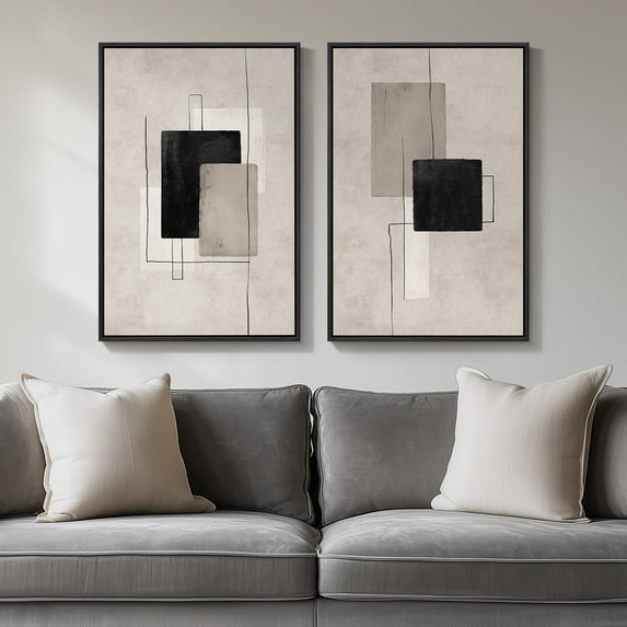 UNFFRAMED Luvia Set of 2 Neutral Abstract Poster, Black Beige Modern Minimalist Block Line Prints for Living Room Dining Room Bedroom Decor Set 2 Prints 8x12