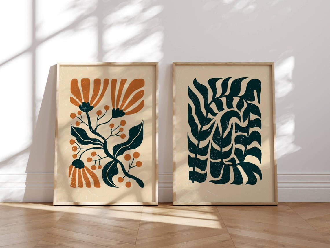 UNFFRAMED Luvia Set of 2 Retro Floral Wall Art Poster Set in Teal and ...