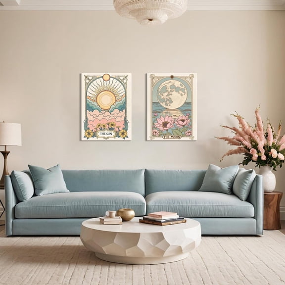 UNFFRAMED Luvia Set of 2 Sun and Moon Celestial Poster, Vintage Tarot Astrology Wall Art, Sunflower and Full Moon Lotus Print for Bedroom, Living Room Set 2 Prints 8x12