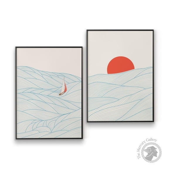 UNFFRAMED Luvia Set of 2 Sunset Sailboat on the Sea Posters, Japanese Ocean Art, Simple Line Wave Drawing, Sunset Prints, Beach House Decor Set 2 Prints 12x18
