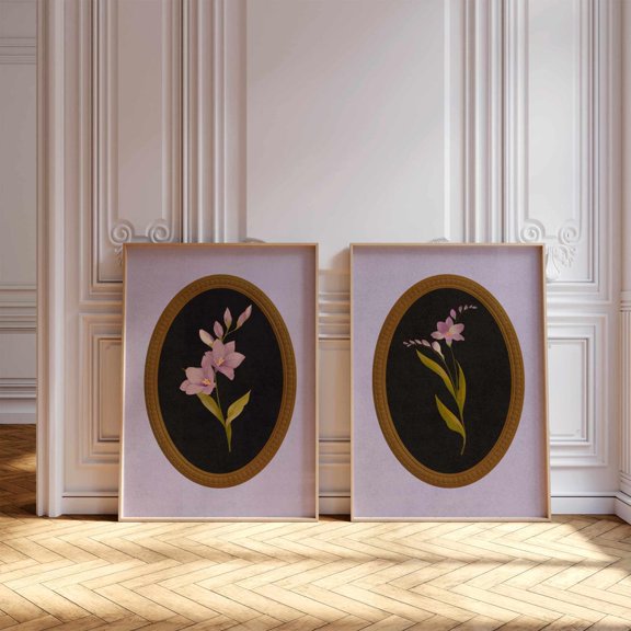 UNFFRAMED Luvia Set of 2 Vintage Botanical Prints Soft Wildflower Poster Set in Lavender and Brown Cottagecore Style for Rustic Home Decor Set 2 Prints 16x24