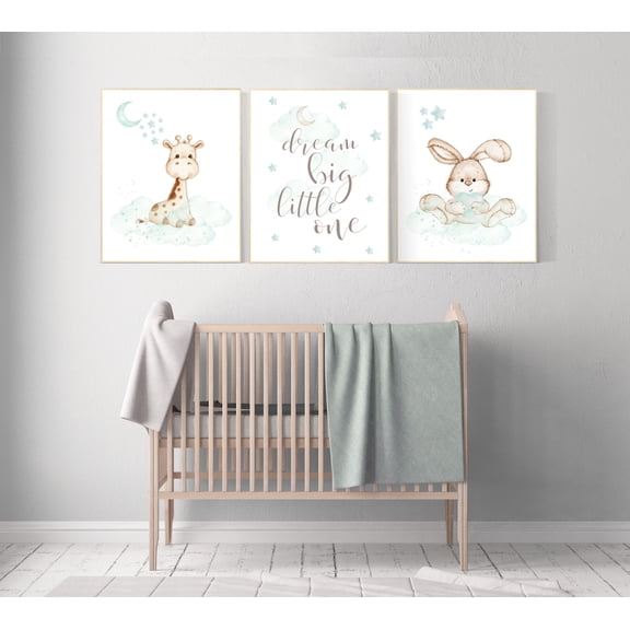 UNFFRAMED Luvia Set of 3 Animal Nursery Poster, Mint Green Baby Room Decor, Woodland Jungle Theme with Bunny and Giraffe, Nursery Wall Prints Set 3 Prints 8x12