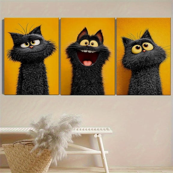 UNFFRAMED Luvia Set of 3 Black Cat Wall Art, Cute Cartoon Cat Poster, Playful Animal Print, Yellow Modern Wall Decor, Whimsical Cat Lovers Set 3 Prints 16x24
