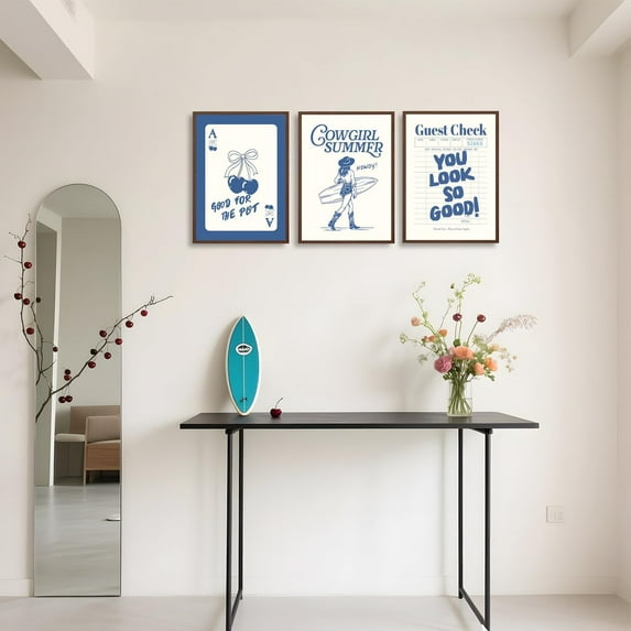 UNFFRAMED Luvia Set of 3 Blue Preppy Poster, Coastal Cowgirl Wall Art, Trendy Cherry Guest Check Print for Teen Bedroom, Dorm, Living Room Set 3 Prints 20x30