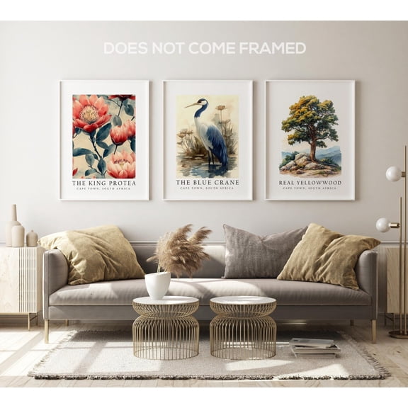 UNFFRAMED Luvia Set of 3 Cape Town, South Africa National Symbols Poster Prints, Blue Crane, King Protea, and Yellowwood Tree Wall Art Decor Set 3 Prints 8x12