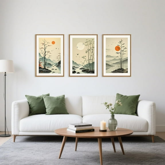 UNFFRAMED Luvia Set of 3 Chinoiserie Bamboo Forest Poster, Nature Tree Lake Wall Art, Minimal Zen Landscape Prints for Living Room Bedroom or Office Set 3 Prints 12x18