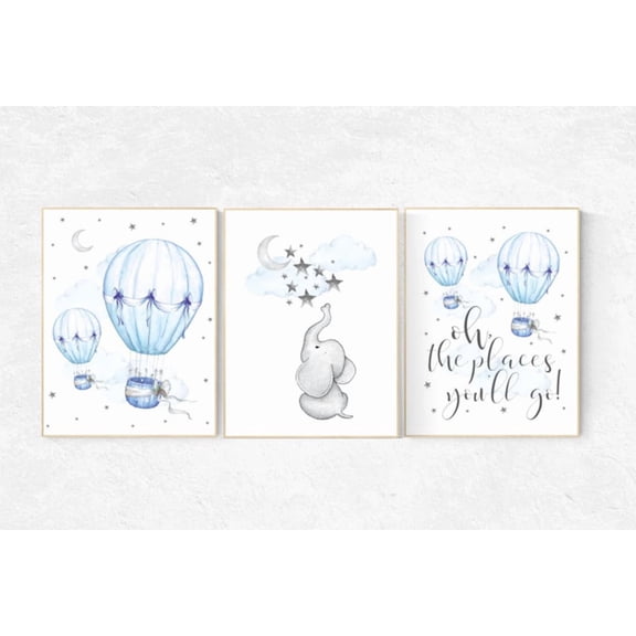UNFFRAMED Luvia Set of 3 Elephant Nursery Poster, Blue and Gray Baby Boy Room Decor, Hot Air Balloon Theme, Oh the Places You'll Go Prints Set 3 Prints 20x30