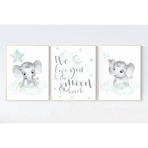 UNFFRAMED Luvia Set of 3 Elephant Nursery Poster, Mint Green Gender Neutral Baby Room Decor, Cloud and Stars Theme, Modern Nursery Prints Set 3 Prints 8x12