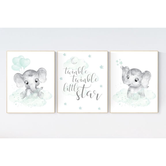 UNFFRAMED Luvia Set of 3 Elephant Nursery Poster, Mint Green Gender Neutral Baby Room Decor, Stars and Moon Theme, Elephant Baby Shower Decoration Set 3 Prints 8x12
