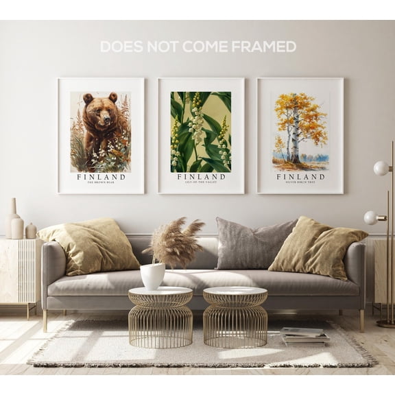 UNFFRAMED Luvia Set of 3 Finland National Symbols Poster Prints, Brown Bear, Lily-Of-The-Valley, and Silver Birch Tree Wall Art Decor Set 3 Prints 20x30