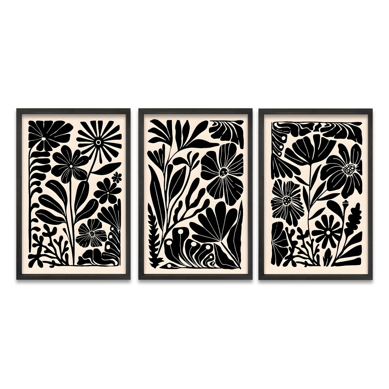UNFFRAMED Luvia Set of 3 Flower Plant Wall Art Poster Black and White ...