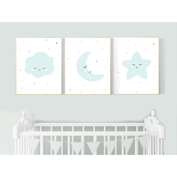 UNFFRAMED Luvia Set of 3 Gender Neutral Nursery Poster, Teal Baby Room Decor with Clouds and Stars, Modern Moon and Stars Theme Nursery Prints Set 3 Prints 8x12