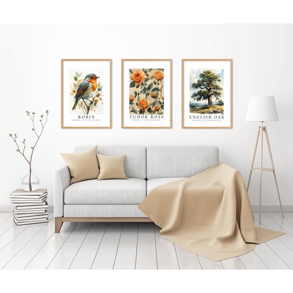 UNFFRAMED Luvia Set of 3 London, United Kingdom National Symbols Poster Prints, Robin, Tudor Rose, and English Oak Tree Wall Art Decor Set 3 Prints 8x12